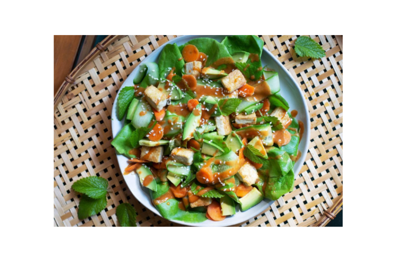 Spicy, Crisp Tofu on Mint-Avocado Salad