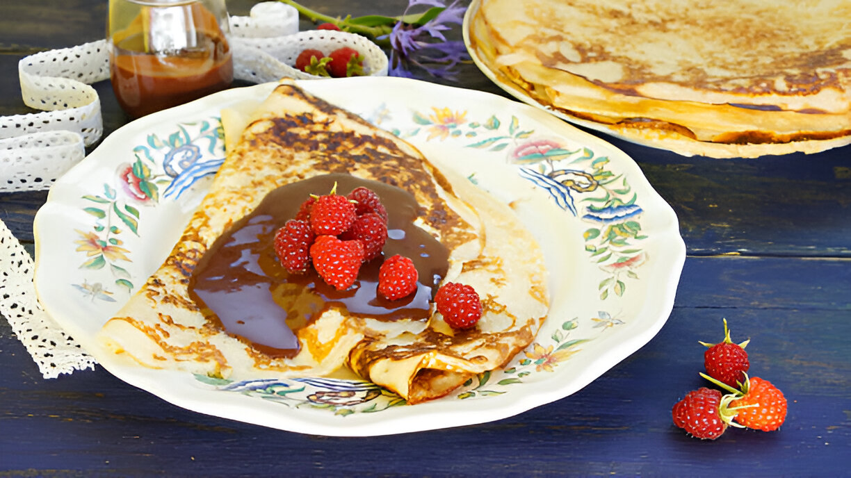 Cornmeal Crepes with Fresh Buttermilk Cheese and Blackberries