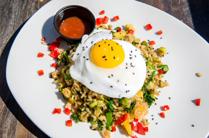 Poached Egg with Rice and Edamame