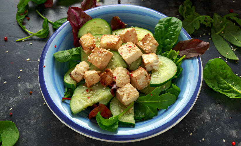 Spicy, Crisp Tofu on Mint-Avocado Salad