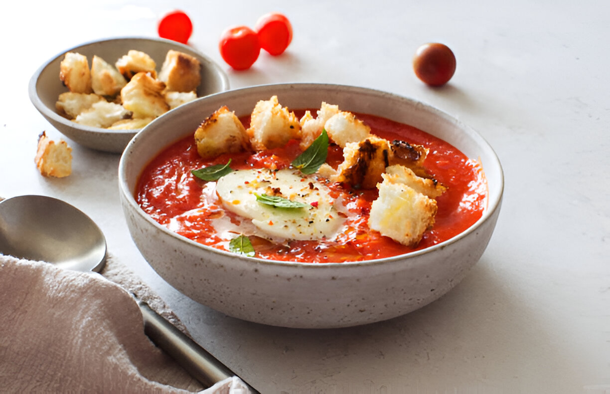 Tomato Soup with Mozzarella Croutons