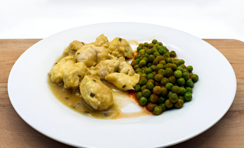 Poached Chicken with Tarragon Sauce and Peas