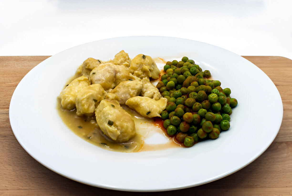 Poached Chicken with Tarragon Sauce and Peas