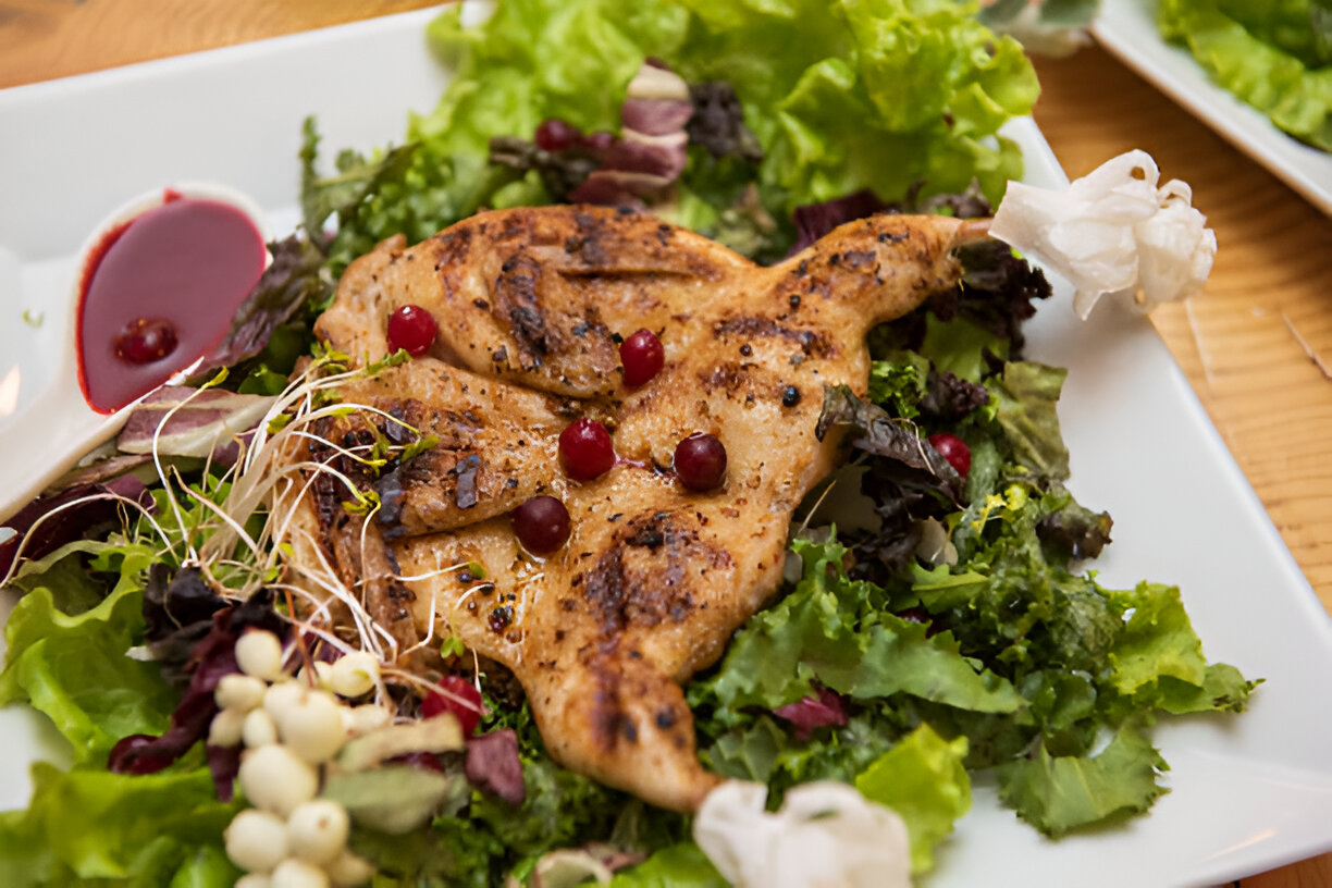 Grilled Chicken with Cherries, Shallots, and Arugula