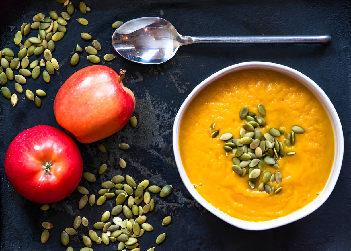 Roasted Sweet Potato Soup with Curried Apples