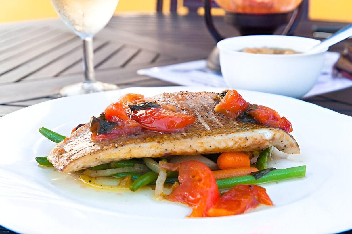 Striped Bass With Tomatoes, Corn, and Basil