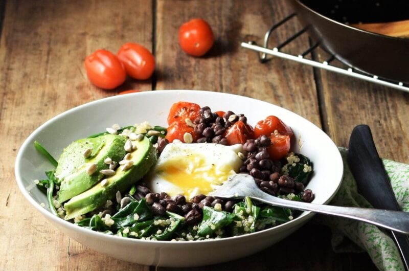 Quinoa with Poached Egg, Spinach, and Cucumber