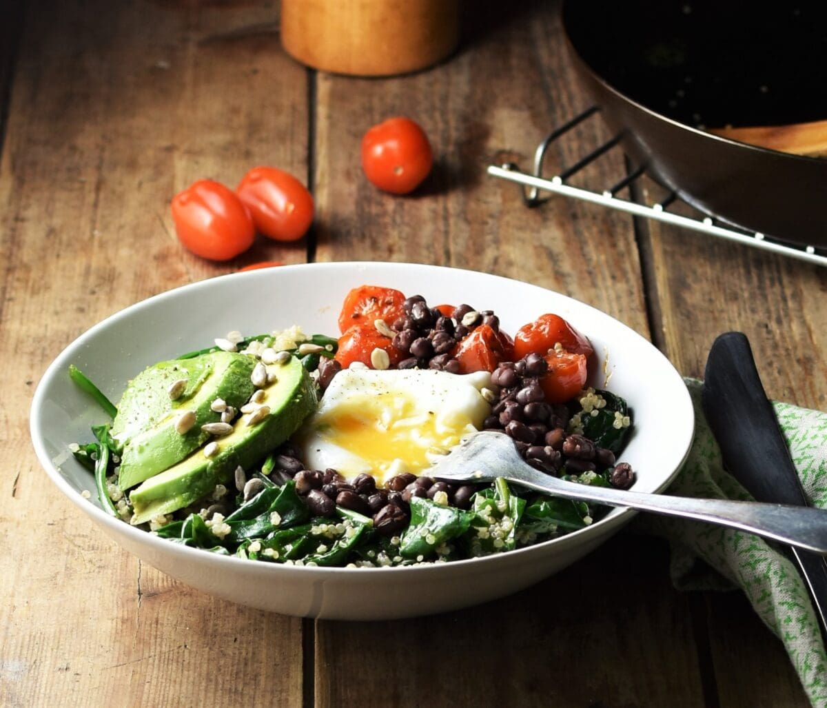 Quinoa with Poached Egg, Spinach, and Cucumber – Whole Living Eat Well