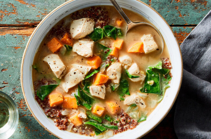 Almond Chicken Soup with Sweet Potato, Collards, and Ginger