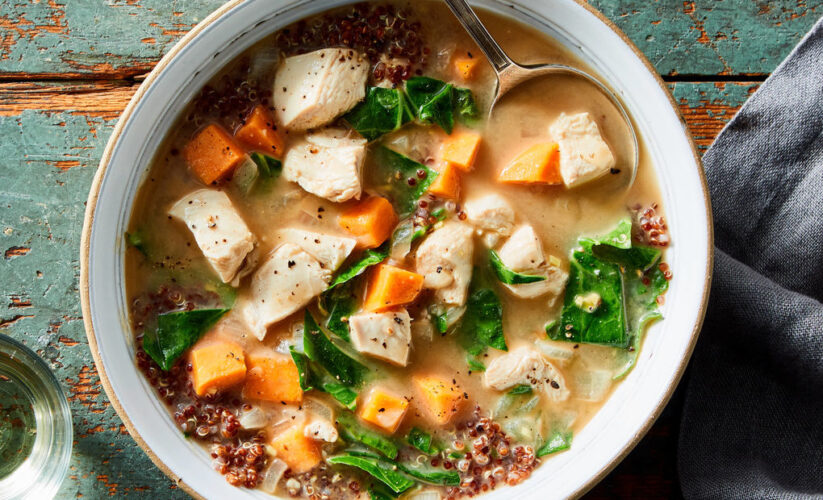 Almond Chicken Soup with Sweet Potato, Collards, and Ginger – Whole Living Eat Well