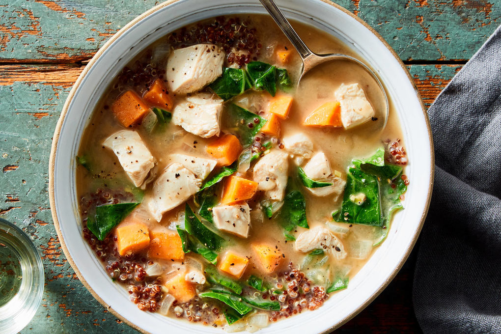 Almond Chicken Soup with Sweet Potato, Collards, and Ginger – Whole Living Eat Well