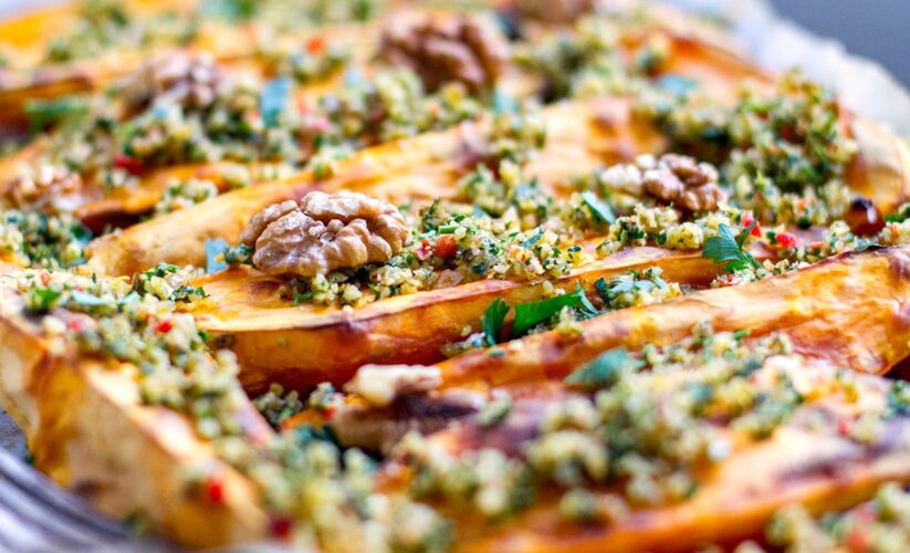 Parsley, Lemon, and Walnut Pesto on Roasted Sweet Potatoes – Whole Living Eat Well