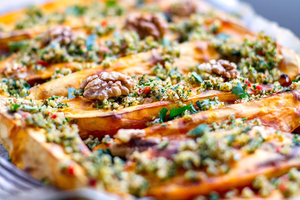 Parsley, Lemon, and Walnut Pesto on Roasted Sweet Potatoes – Whole Living Eat Well