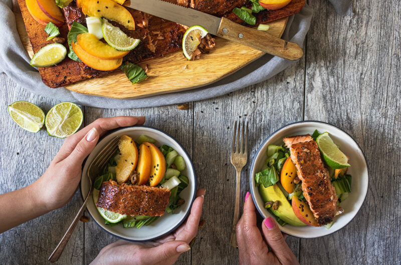 Grilled Salmon and Bok Choy with Orange Avocado Salsa