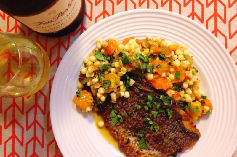 Striped Bass With Tomatoes, Corn, and Basil