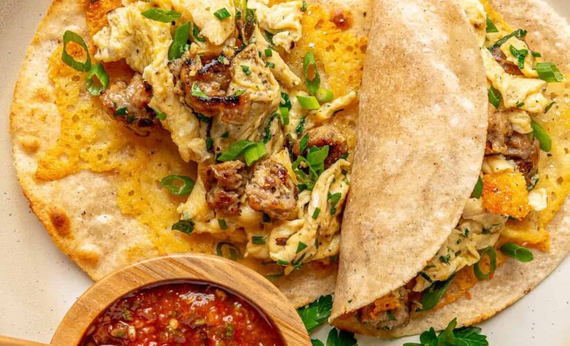 Breakfast Tacos with Scrambled Eggs, Sausage, and Shredded Cheese | Whole Living Eat Well