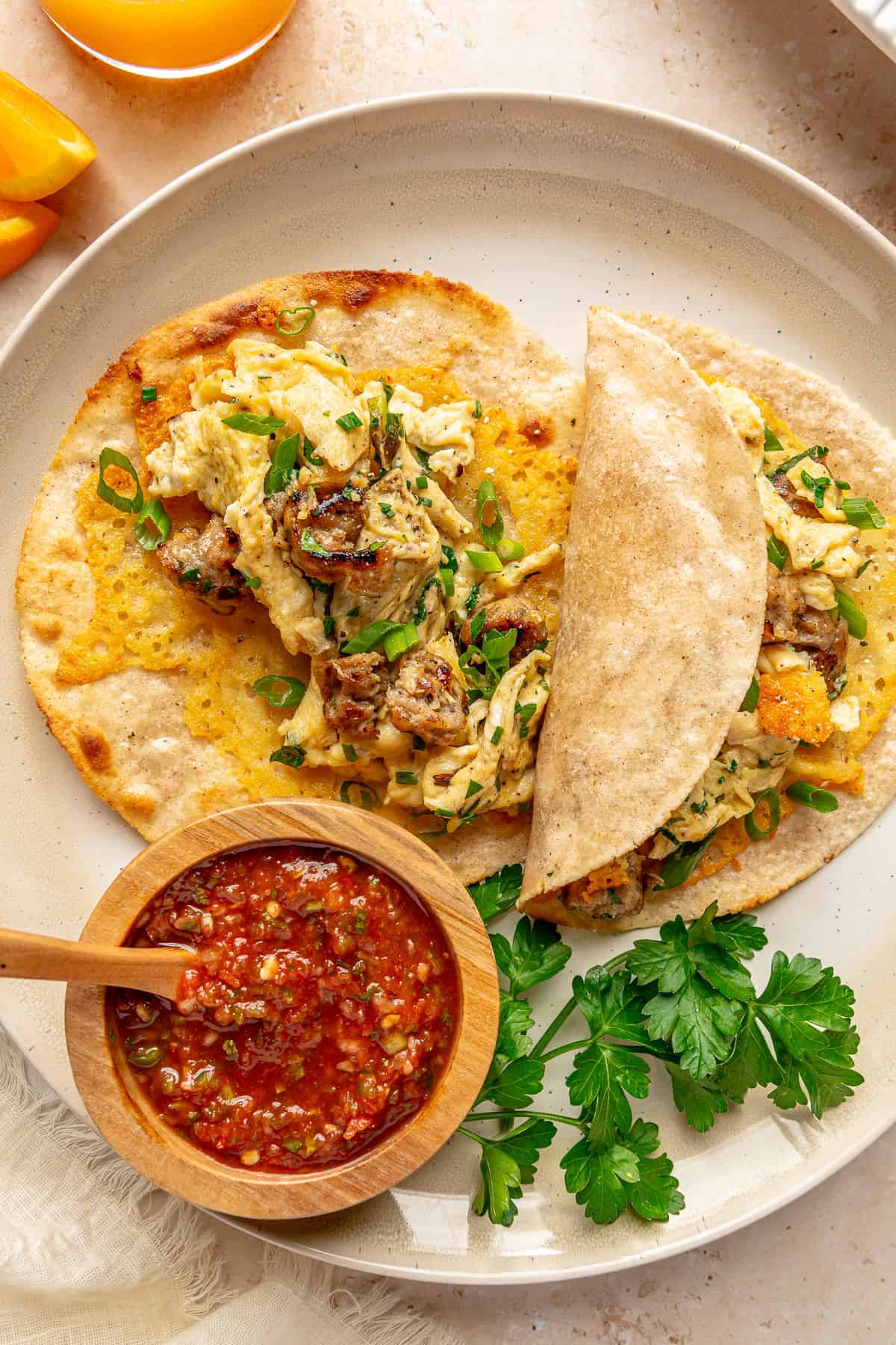 Breakfast Tacos with Scrambled Eggs, Sausage, and Shredded Cheese | Whole Living Eat Well