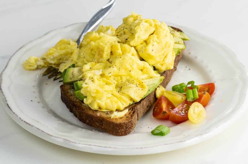 Avocado Toast on Whole Grain Bread with Scrambled Eggs