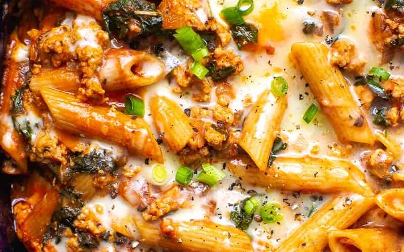 Penne with Goat Cheese, Kale, Olives, and Turkey