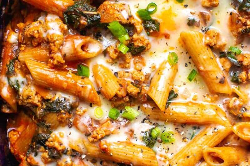 Penne with Goat Cheese, Kale, Olives, and Turkey