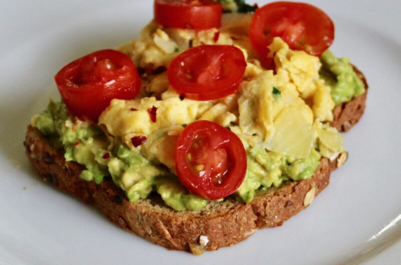 Avocado Toast with Scrambled Eggs and Cherry Tomatoes